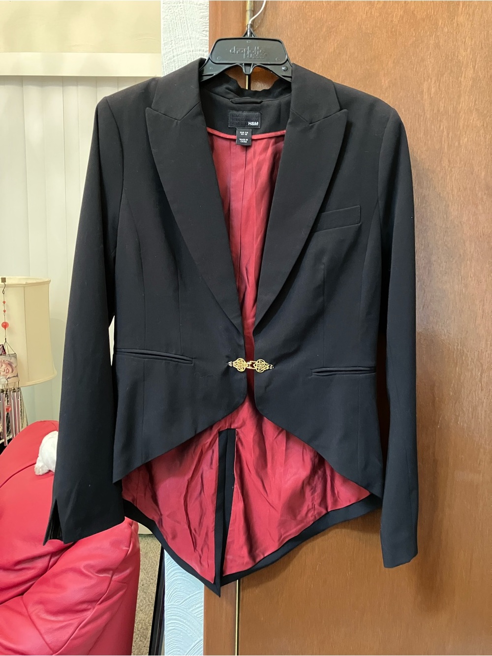 H&M Black Tailored Steampunk vintage jacket with Red Lining and Gold Hook